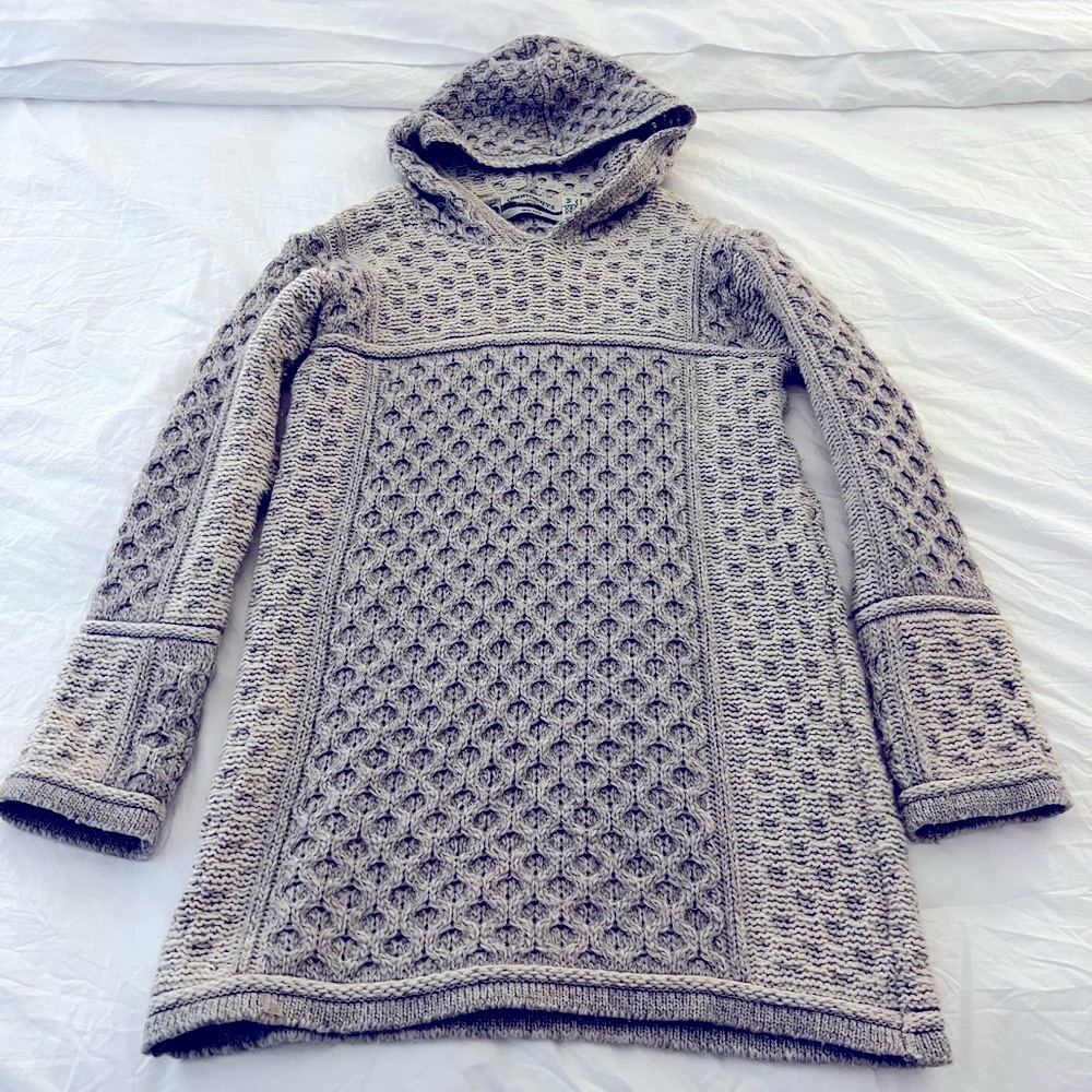 Aran Crafts Sweater Dress with Hood. 100% Merino Wool. Made in Ireland.